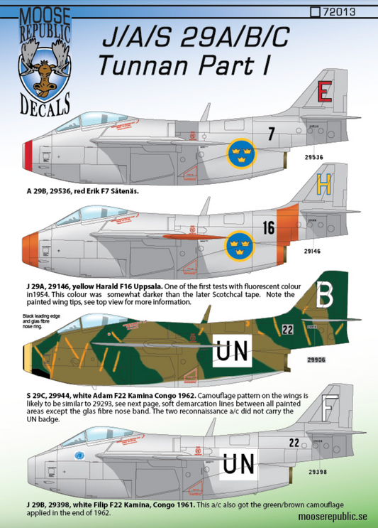 SAAB j 29 A/B/C Decals ”Tunnan Part I” 48D019 1/48 scale
