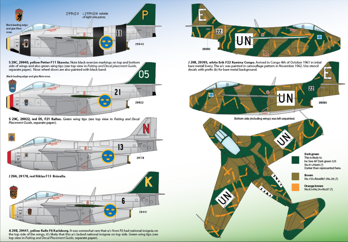 SAAB j 29 A/B/C Decals ”Tunnan Part I” 48D019 1/48 scale