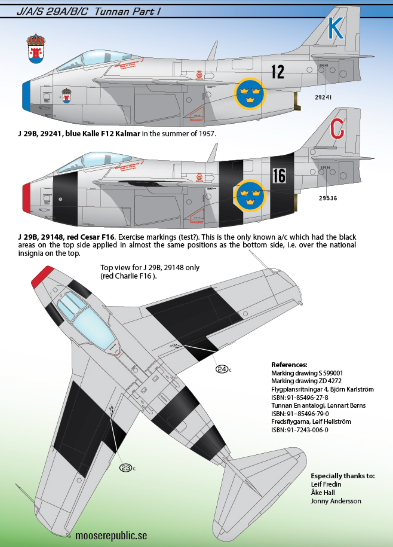 SAAB j 29 A/B/C Decals ”Tunnan Part I” 48D019 1/48 scale